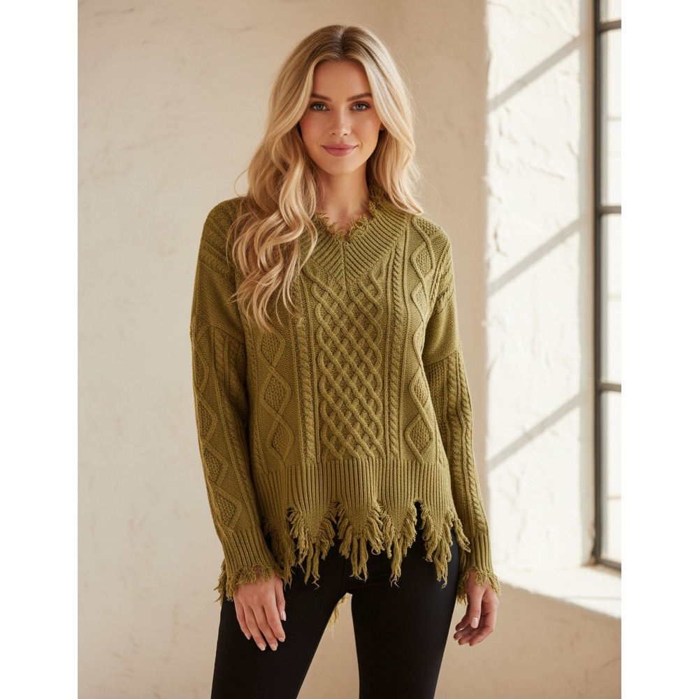 NEW Hyfve S Sweater Womens Green Distressed Fringe Cable Boho Cottage Cozy Indie
